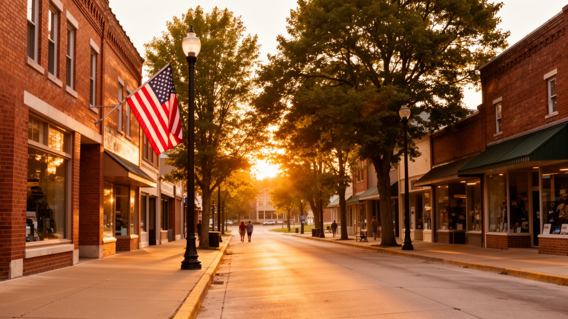 Small-town Main Street in Michigan at golden hour, with an American flag on a lamppost